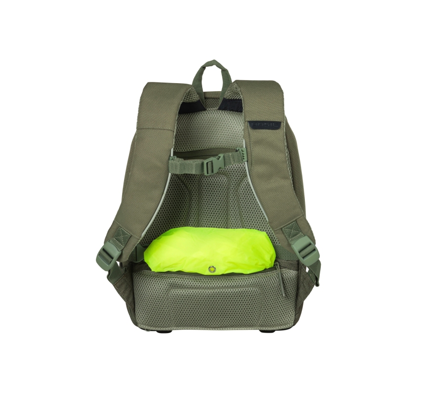 Cykeltaske fra BASIL model B-Safe Commuter  Nordlicht. Farve: Olive, dim. 41x14x32cm, vol. 17 L, Indbygget USB port, LED lys m.m.